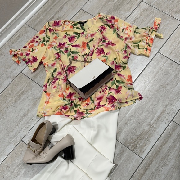 Investments Tops - Investments Yellow & Floral Pink Short Sleeve Ruffled Blouse